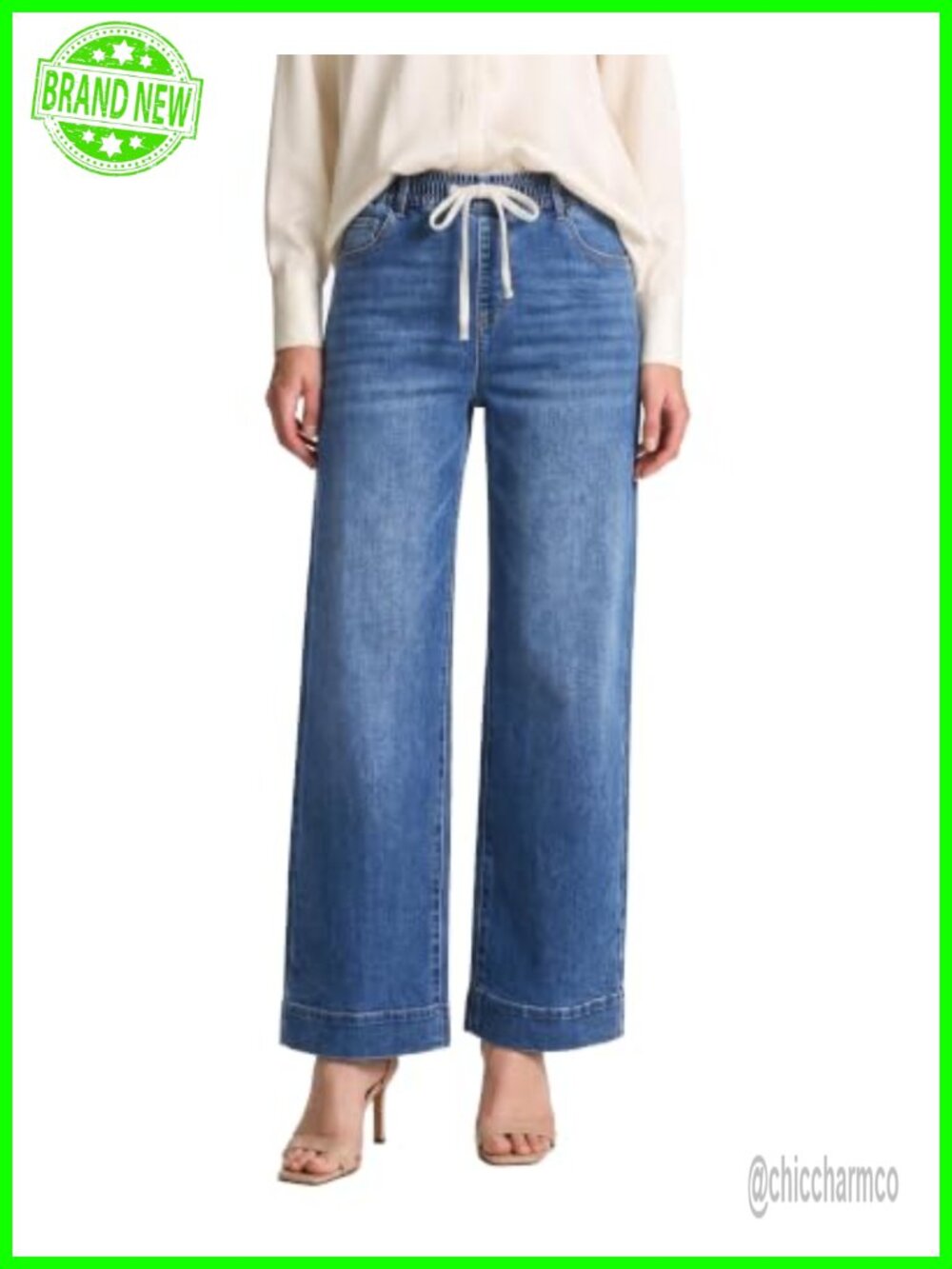High Rise Pull On Straight Leg Stretch Denim Jeans Drawstring Elastic Waist